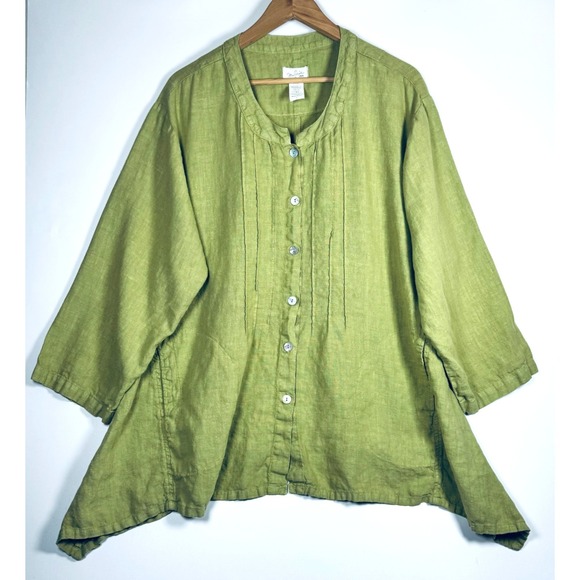 Mosaic Tops - Mosaic Linen Tunic Top Womens Large Green Lagenlook Boho Asymmetrical Minimalist